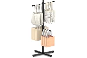 Ansionsol 42-48 Inch Adjustable Height Shopping Bag Rack, Heavy Duty Metal T-shaped Grocery Bag Holder for Retail Stores, Large Bag Display Stand for Malls,Vendor,Boutique,Trade Show, 4 Arms,Black