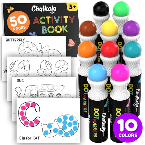 Chalkola 10 Washable Dot Markers for Toddlers - Paint Dotters, Bingo Markers Daubers | Dot Art for Kids & Preschool, Dabbers Paint Marker | Washable Pens for Kids + Free Activity Book