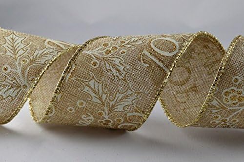 Christmas print ribbon, wired, natural/gold jute effect 50mm x 10 Metre roll