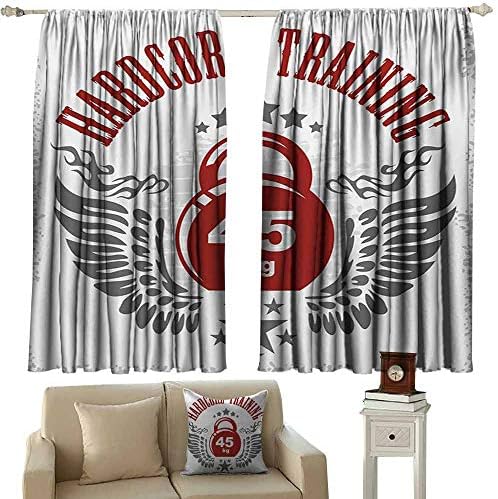 DuckBaby Sliding Curtains Fitness Bodybuilding Themed Emblem in Vintage Style Hardcore Training Wings Stars Noise Reducing Curtain W72 xL45 Red White Silver
