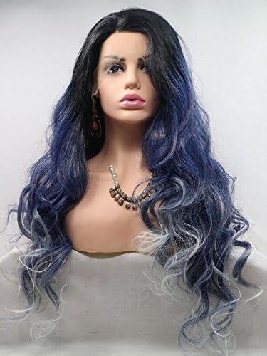 Eversilky Synthetic Lace Front Wigs Long Wave 3 Tone Color Ombre Dark Blue Wig Heat Resistant Fiber Ombre Wigs for Woman