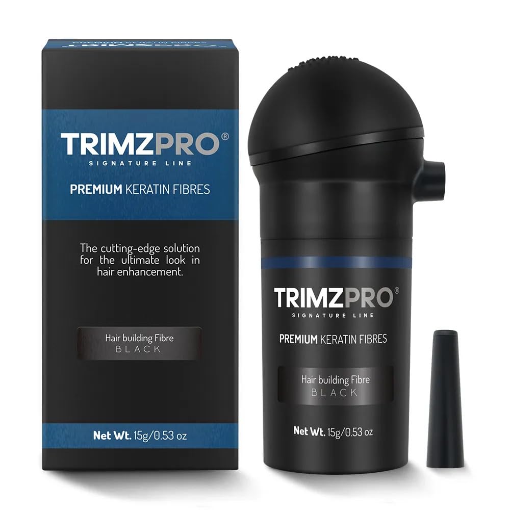 Trimzpro Signature Keratin Hair Fibres 14g - 10 Shades | Instant Thickening & Concealing Powder | Lock-In Tech for Natural Look & Durability | Hair Volumizer for Men & Women, BLACK