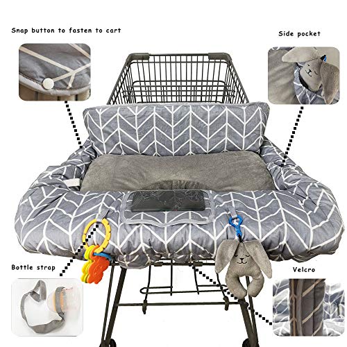 Shopping Cart Cover for Baby Cotton, Minky Bolster Positioner, 6.5" Cellphone Holder and Toy, High Chair Cover for Boy Girl,Infant Grocery Cart Cushion Liner Large Grey