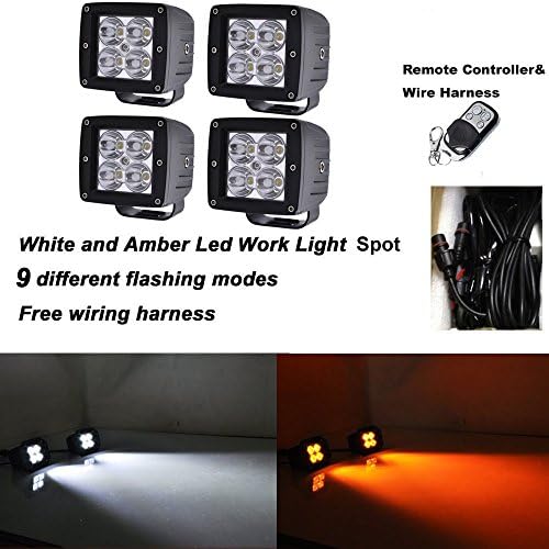 Night Break Light 4pcs 3x3 Inch 24W White Amber Led Fog Lights Pods Wireless Remote Control 9 Different Flashing Modes 30 Degree Spot Cubes IP 67 for Offraod Jeep ATV SUV Truck free Wire Harness