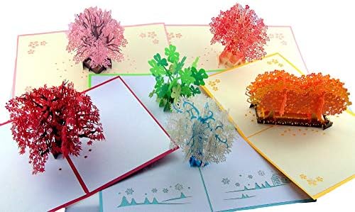 Pop-up Handmade Greeting Cards-Snowflakes,Cherry Blossom,Maple tree,Four Leaf Clover for All Occasion Christmas Mother's Day,Birthday,New Year,Baby,Wedding,Sympathy,Thank You with Boxed 6 Packs