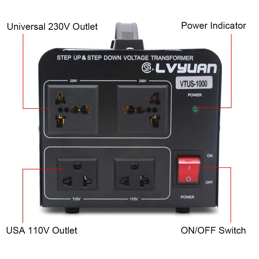 Voltage Transformer Converter 1000 Watt Step Up/Down Convert from 110-120 Volt to 220-240 Volt and from 220-240 Volt to 110-120 Volt with 2 US Outlets, 2 Universal Outlets