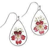 Jean Beau 925 Sterling Silver Pressed Flower Earrings for Women, Handmade Hypoallergenic Resin Dried Flower Teardrop Dangle Earrings, Nature Floral Jewelry Gift for Mom and Wife