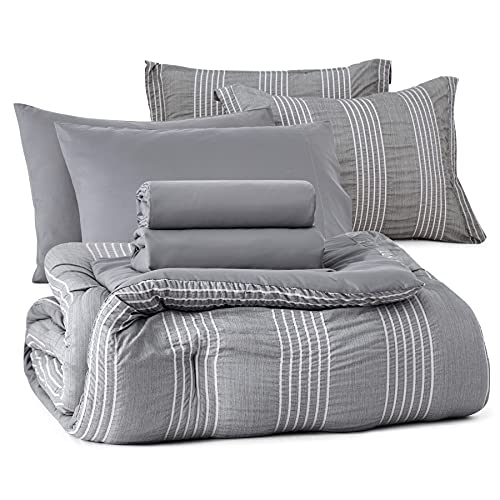 Bedsure Bed in a Bag Queen Queen Comforter Set 7 Pieces Stripes Seersucker Bedding Set, Soft