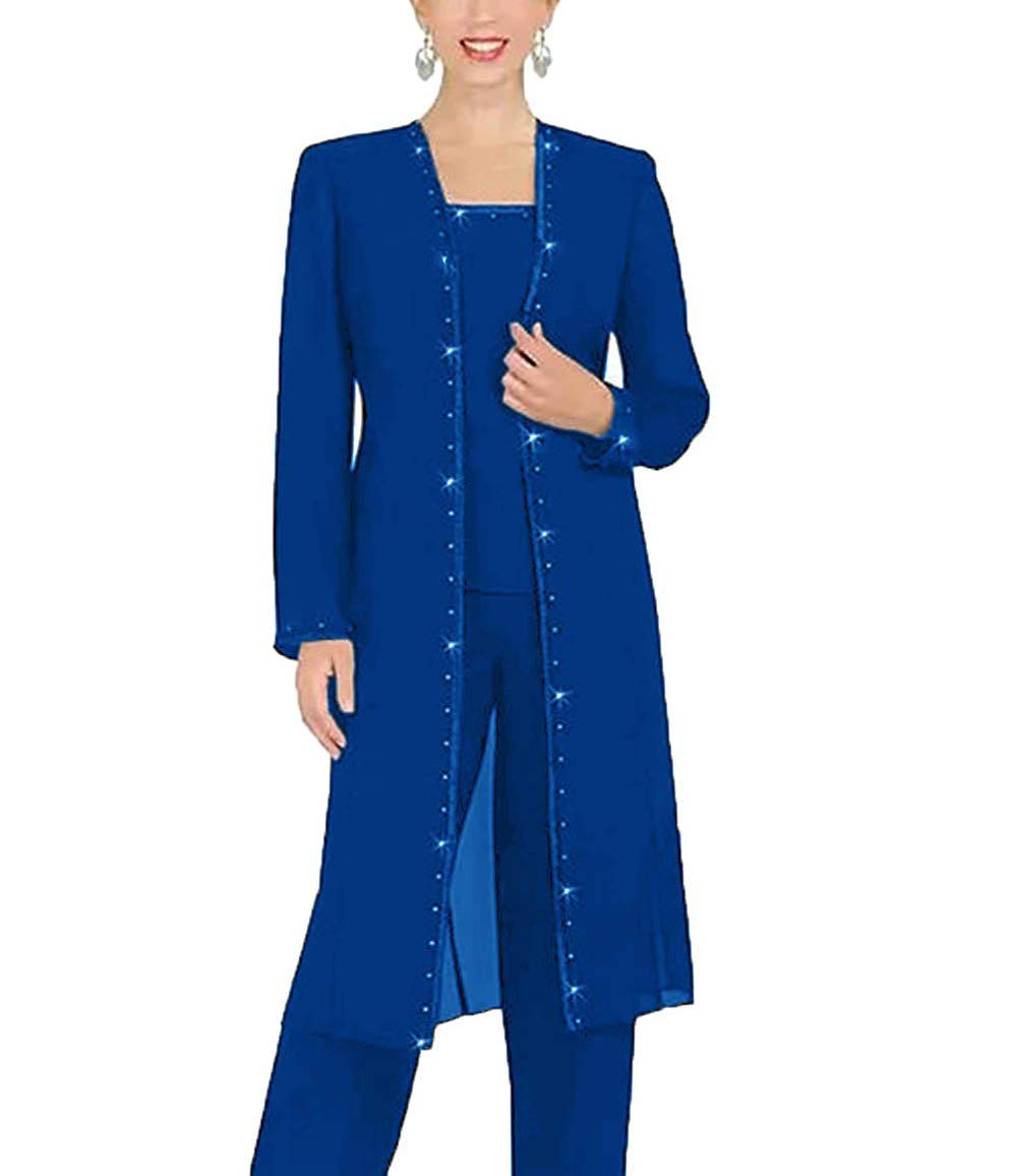 CLOTHSURE Chiffon Mother of The Bride Pant Suits Long Sleeve Jacket