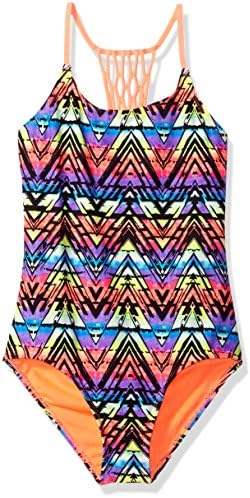 Angel Beach Big Girls' Swim Electric Rainbow One Piece Swimsuit, Multi, 10