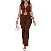 2 Piece Blazer Set for Women Dressy Fashion Backless Vest Tops and Pant Suit Business Formal Office Work Outfits Brown M
