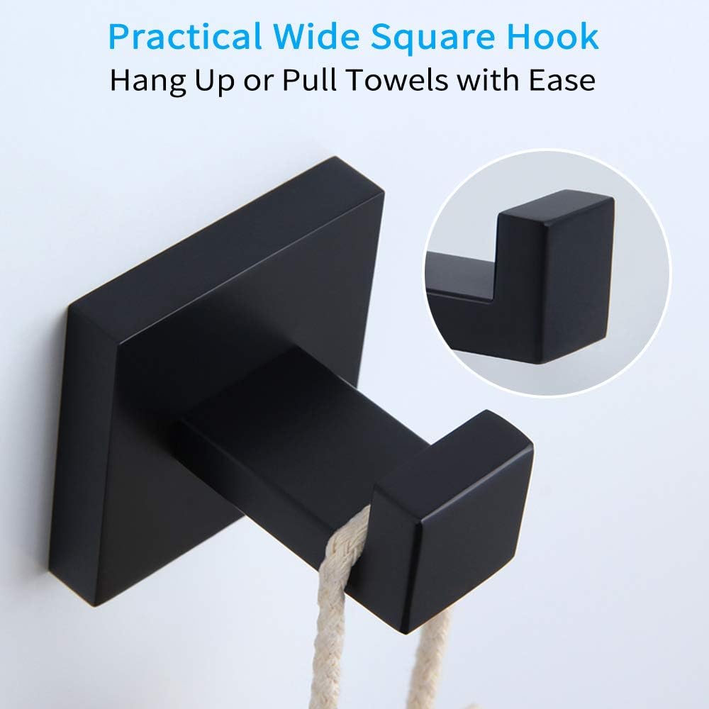 Bath Towel Hook, Angle Simple SUS304 Stainless Steel Shower Towel Holder, Bathroom Robe Hook, Kitchen Dish Towel Hanger, Square Coat Hook, Single Robe Hook for Cabinet Wall Mount, Matte Black - - 