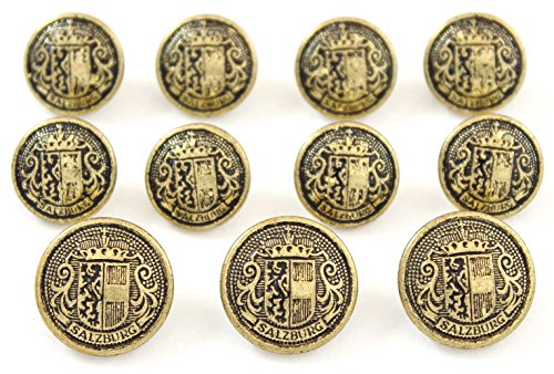 MetalBlazerButtons.com Brand - ANTIQUE GOLD - SALZBURG LION CREST - (11-Button, Single Breasted) METAL BLAZER BUTTON SET - 7/8