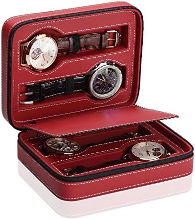 Red Travel Watch Storage Case with Zip and Slots for 4 Watches