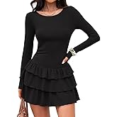 ZESICA Womens Long Sleeve Bodycon Mini Dress Ribbed Knit Crew Neck Ruffle Tiered Flowy Cocktail Party Dresses