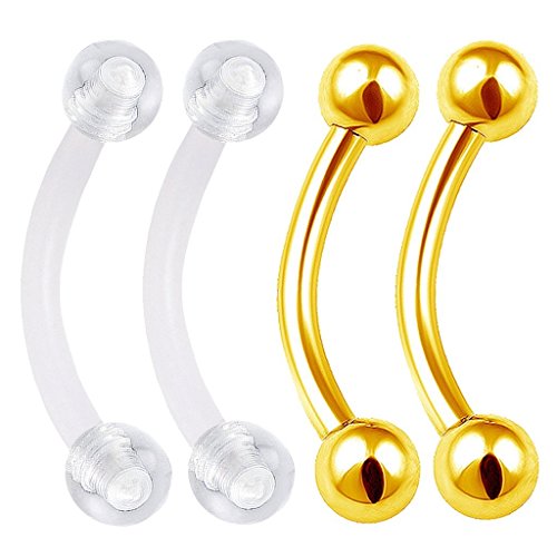 Dress-Up Yourself 4Pcs 16G 10mm Curved Barbell Lip Tragus Eyebrow Lobe Earring Triple Forward Helix Rook Vertical Labret Gold And Acrylic