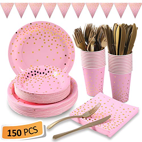 Pink and Gold Party Supplies 150Pcs Golden Dot Disposable Party Dinnerware Includes Paper Plates, Napkins, Knives, Forks, 12oz Cups, Banner, for Bachelorette, Girl Birthday, Baby Shower, Serves 25