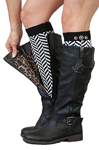 Chevron Leg Warmers Womens Knit with 3 Buttons By Modern Boho (Black)