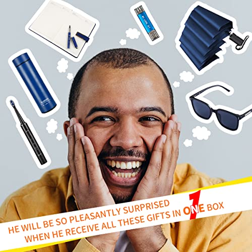 Harsso Cadeau Homme Original utile,Cadeau Homme pour Noel,boîte de 7 pièces Comprenant Brosse à Dents Électrique Rechargeable,Lunettes de Soleil, Tasse Isotherme, Clé USB, Parapluie, Cahier et Stylo