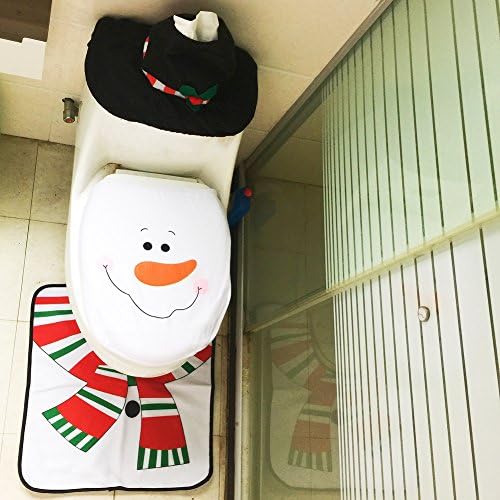 HOOHII Christmas Toilet Seat Cover, Happy Snowman Toilet Decor Seat Tank Tissue Cover and Rug Set