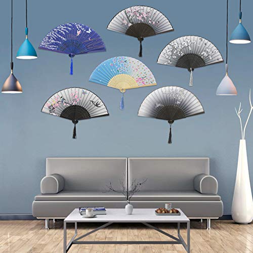 QIQU 6 Pack Handheld Floral Folding Fans Hand Held Women Silk Hollowed Bamboo Fans Hand Holding Fans with Tassel,Come with a Cloth Sleeve Per Fan,Wedding,Church,Party Gifts and Tea Party Dress Up