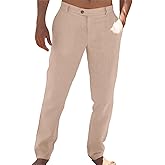 Runcati Mens Casual Pants Elastic Waist Linen Lightweight Straight-Legs Loose Fit Summer Beach Yoga Trousers
