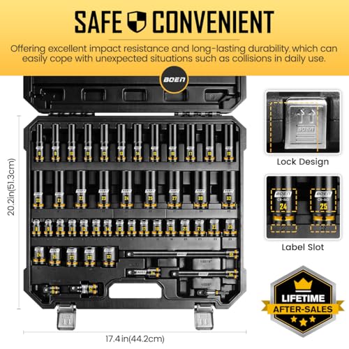 boen 48PCS 1/2” Drive Metric Socket Set, Impact Deep&Shollow Socket(8mm-32mm), for Lug Nut Use, 6-Point with Yellow Embossed Marking, CR-MO