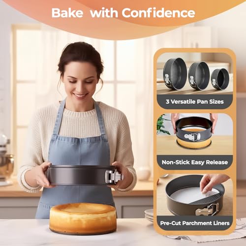RFAQK Cake Tins for Baking 100 Pcs Springform Cake Tins Kit Includes 3 Round Non-Stick Cake Pan (4,7,9 inches Baking Tins)-Piping Bags and Nozzles-Leveler–Leak Proof Cheesecake Tin-Bakeware & EBook…