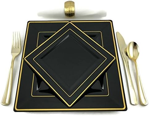 Premium Square Black and Gold Rim Disposable Plastic Plates For Wedding and Party Pack of 20 – 10 (9.5 inch) Dinner Plates and 10 (6.5 inch) Cake and Salad/Dessert plates