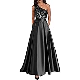 Hiclein One Shoulder Prom Dresses Long Sequin Satin Mother of The Bride Dress for Women Formal Evening Gown with Pockets