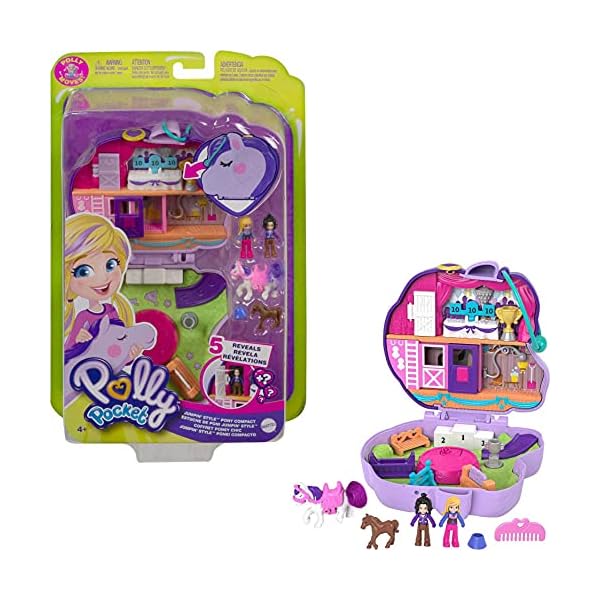 Polly Pocket Jumpin’ Style Pony Compact with Horse Show Theme, Micro Polly Doll & Friend, 2 Horse Figures (1 with Saddle…