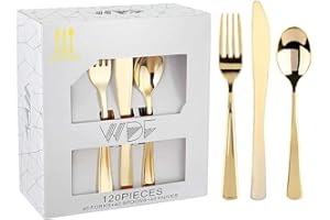 WDF 120 Pieces Gold Plastic Silverware - Disposable Flatware Set - Heavy Duty Thanksgiving Plastic Cutlery - Silverware Includes 40 Forks, 40 Spoons, 40 Knives