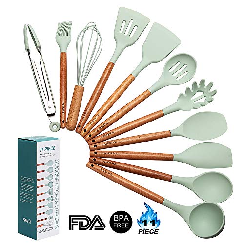 Kitchen Utensil Set 11 Piece Cooking Utensils,Tatufy Silicone and Natural Wooden Utensils for Nonstick Cookware Non Toxic Turner Tongs Spatula Spoon Set Best Chef Kitchen Tool Set Blue