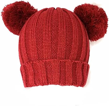 AMETS553 Knit Thick, Super Soft Warm Double Two Pom Pom Beanie Hat Casual Cap For Kids Boys and Girls (Red)