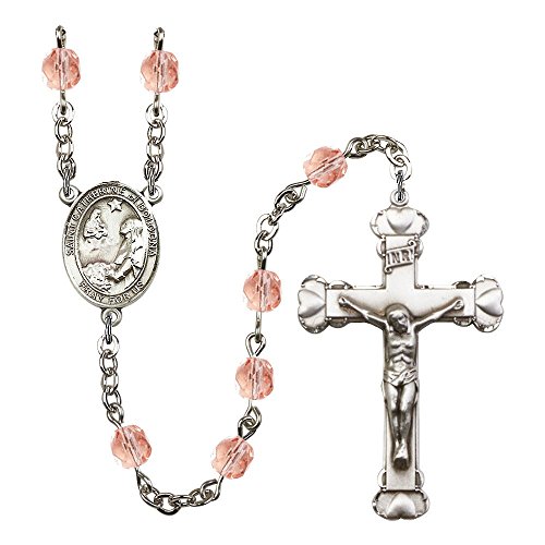 St. Catherine of Bologna Silver-Plated Rosary 6mm October Pink Fire Polished Beads Crucifix Size 1 5/8 x 1 medal charm
