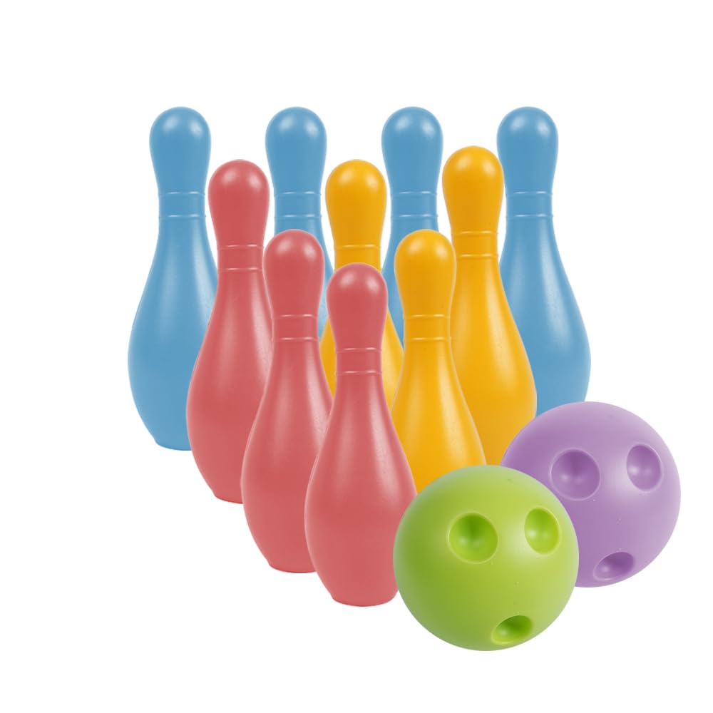 VOANZO Colourful Bowling Set – Mini Bowling Game with 10 Pins and 2 Balls, Portable Indoor/Outdoor Sports & Leisure Game, PE Material, Bowling Ball Size 13.2x4.5cm