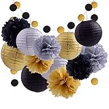Black Gold Tissue Pom Poms Paper Lantern Garland,Birthday Decoration, Wedding Themed Party Supplies