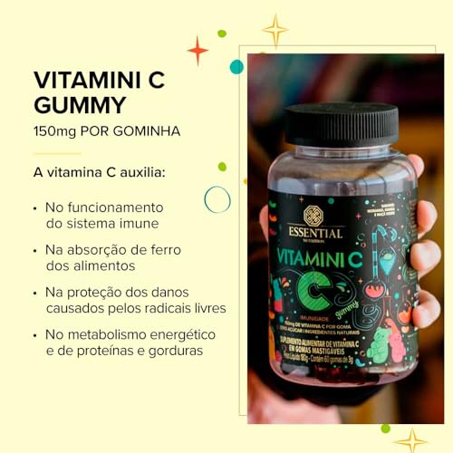 Vitamini C Gummy (150g - 60 unidades), Morango, Maçã-Verde e Manga, Essential Nutrition
