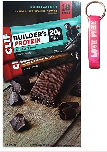 CLIF BUILDER'S - Protein Bar - Chocolate Peanut Butter (9) &amp; Chocolate Mint (9) - (2.4 Ounce Non-GMO Bar, 18 Count) &amp; Pink Bottle Opener Keychain