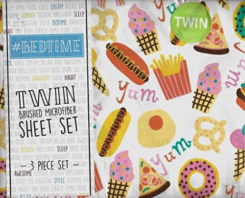 #Bedtime Ryley Fast Food 3 Piece Twin Sheet Set Pizza Bacon Icecream Cone Doughnuts Donuts Hotdogs Pretzel Yum Hamburger French Fries Cupcake