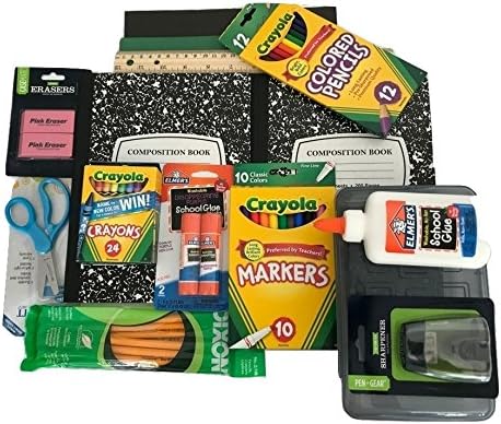 Back to School Supplies Bundle - Two Composition Books, Two Folders, Pencil Box, Pencils, Scissors, Erasers, Sharpener, Ruler, Markers, Glue Stick, Color Pencils, Crayons
