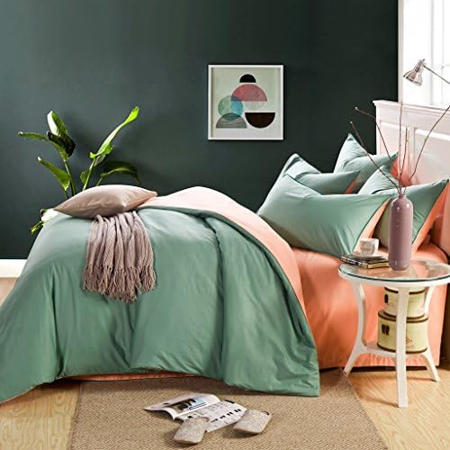 InfiniteS Duvet Set 100 Pure Cotton 4 Pieces Solid Color Soft and Breathable Pure Cotton Bedding Set (1 Duvet Cover with 1 Fitted Sheet and 2 Pillow Shams) (Queen 4pcs, Green and Pink)