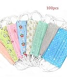 Flyusa 100 Pcs Cute Fashion Face Mask,3 Layer Cartoon Colorful Print Spunlace Cloth Disposable Earloop Face Mask Surgical Dust Filter Mouth Cover Mask
