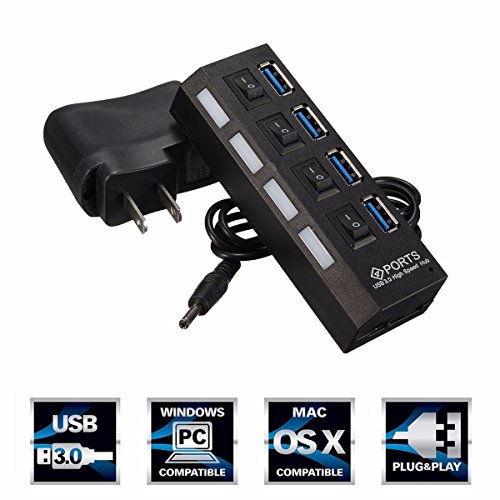 ONCHOICE 4 Ports USB 3.0 Hub Network with On/Off Switch High Super Speed Adapter with Cable and Power Plug for Laptop PC