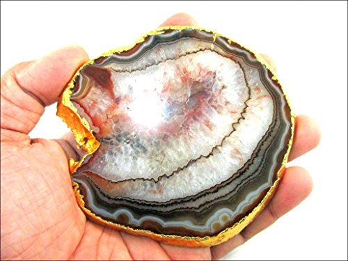 Jet Gold Plated Agate Slice Coaster Single (1) piece 4 inch approx. Good Luck Happy Home Gemstone Saucer Geode Stone Cup Holder Table Decoration Home Jet International Healing Crystal Therapy Booklet