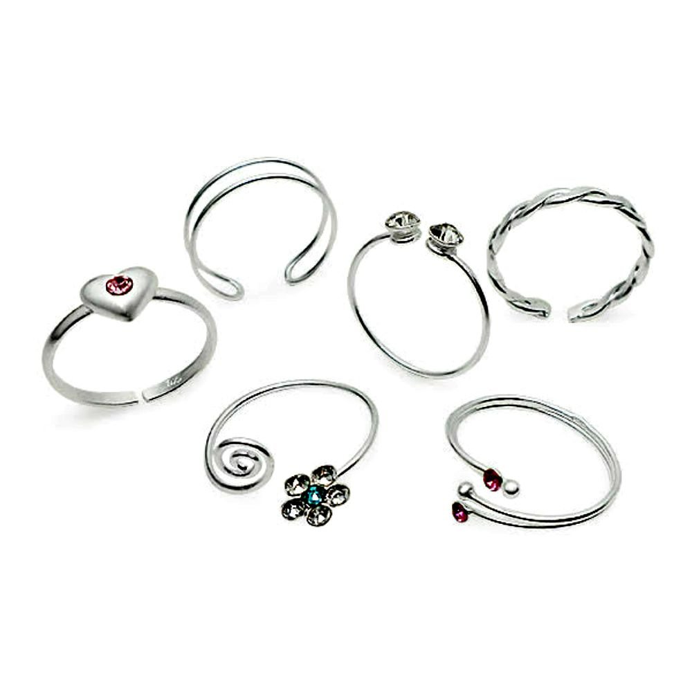 925 Sterling Silver Adjustable, Toe Rings For Women, Assorted Set of 6 Pieces