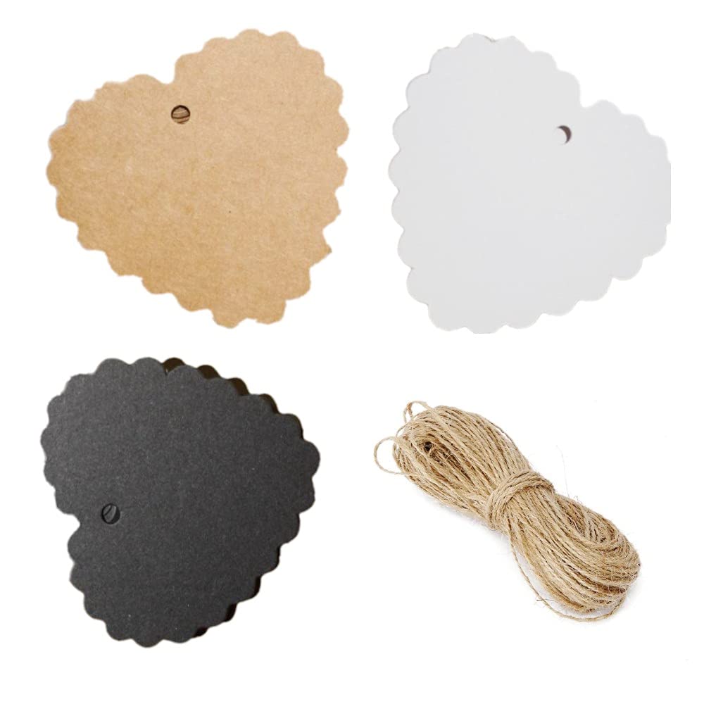 CHSYOO ​​300 Kraft Paper Tags, Brown, White and Black Gift Tags, 6.5X6CM Heart Bookmark Card and 10M Natural Jute Rope for Wedding, Christmas, Party DIY Decoration