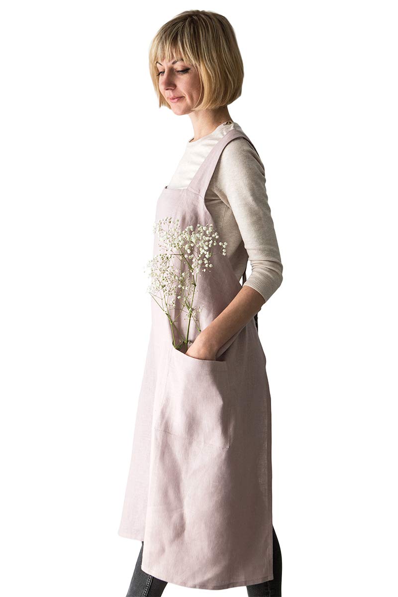 Bunny Street Pinafore Apron - Premium Quality Linen Japanese Apron for Women - No Ties Cross Back Apron for Kitchen, Craft, Garden - Pink Heather Smock