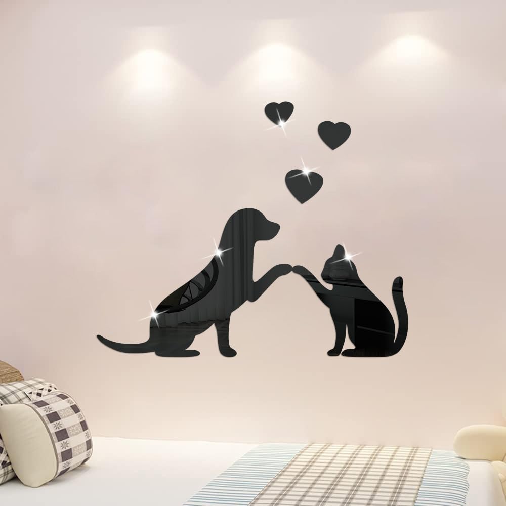 Hosoncovy Acrylic Mirror Wall Stickers Mirror Art DIY Home Decorative Dog and Cat Pet 3D Wall Art Decor for Home Living Room Bedroom Wall Decoration (Black)