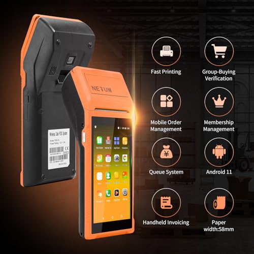 NETUM Handheld PDA Android 11.0 POS Terminal with Receipt Printer (P58-03) | Portable Barcode Scanner & Data Collector, Bluetooth USB WiFi BT4.0, Includes 58mm x 35mm Paper Scroll